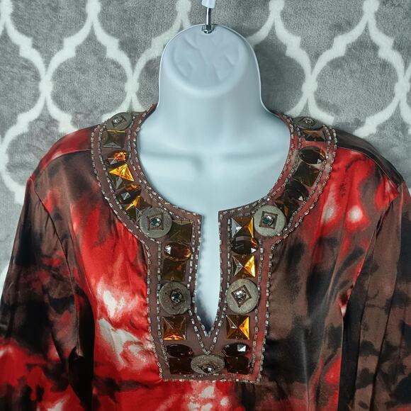St. John Blouse Womens Large Red Brown Silk Stretch Beaded Jeweled Split Neck - Picture 2 of 12